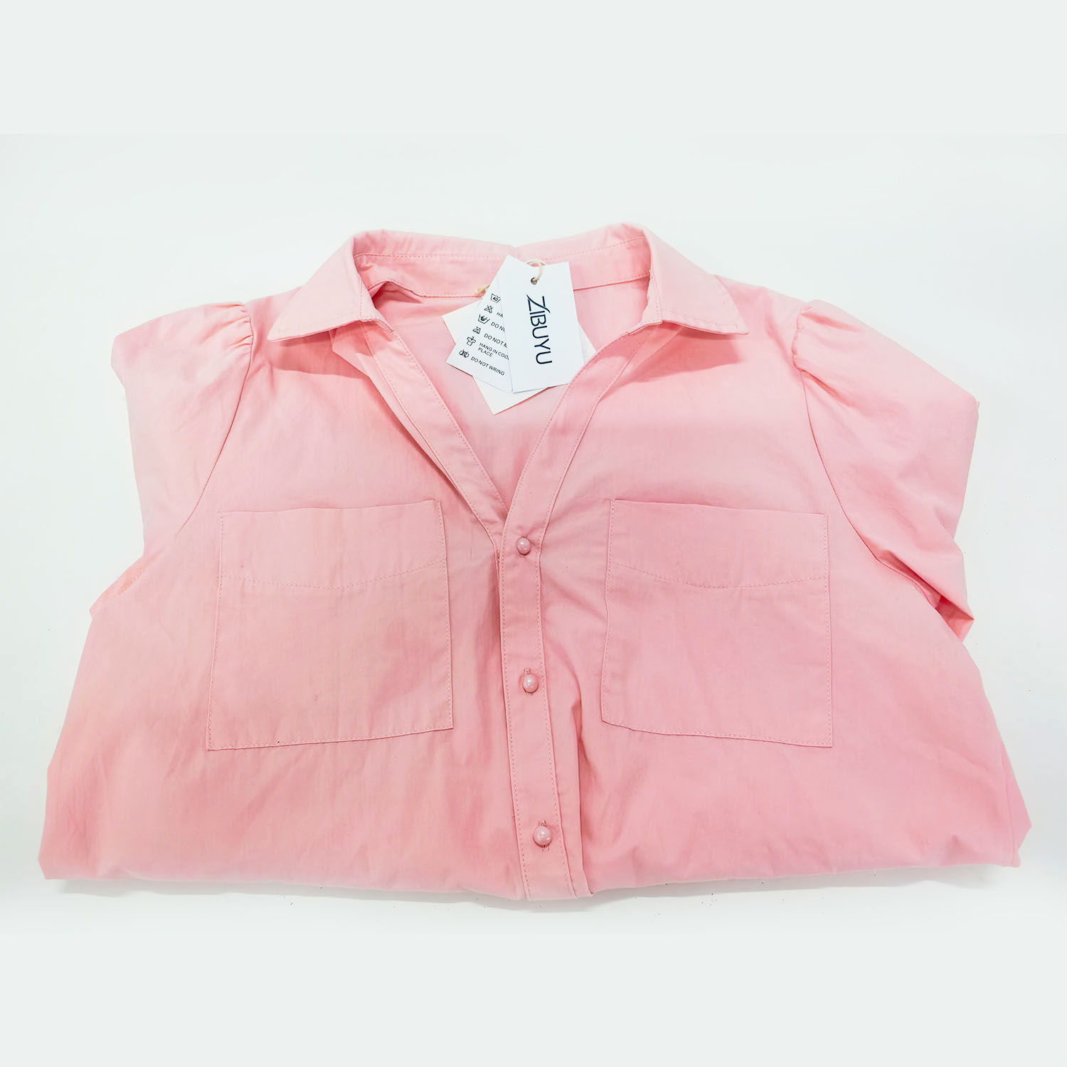 ZIBUYU Womens Cropped Short Sleeve Button Down Shirts Pleated Summer Dressy Casual Blouse Stand Collar Loose Fit Tops